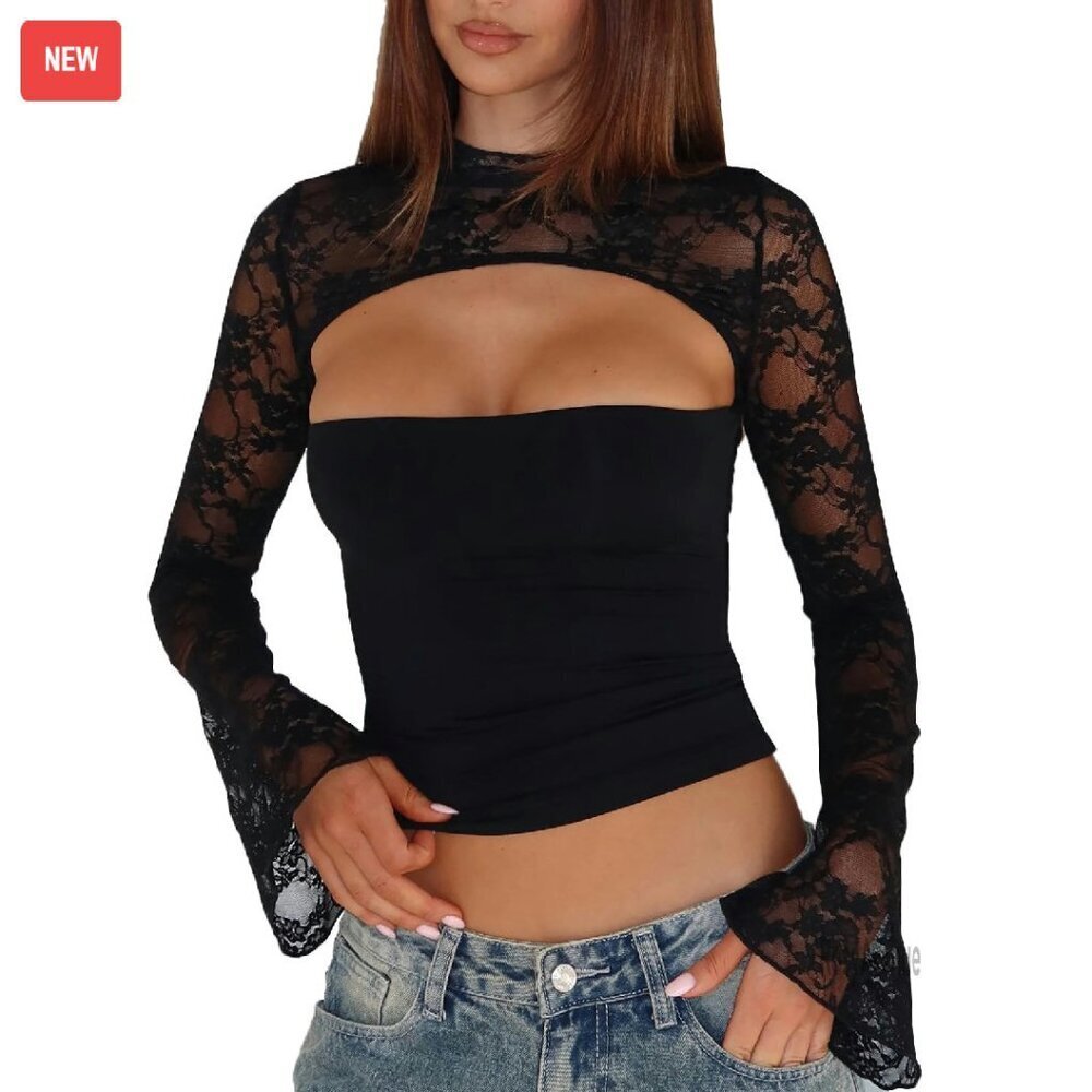 Sheer Mesh Lace Shrug Strapless Crop Top 2-in-1 Y2K Going Out